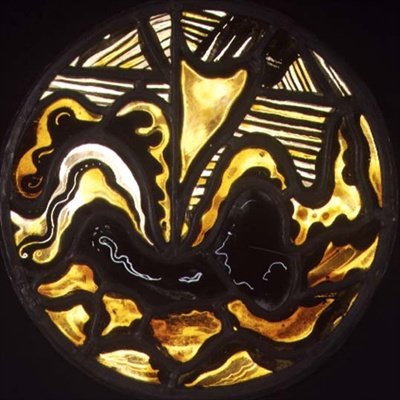 Plachetnice ve vlnách poblíž pláže, medailon (vitráže) od Jacoba van Heemskerck
