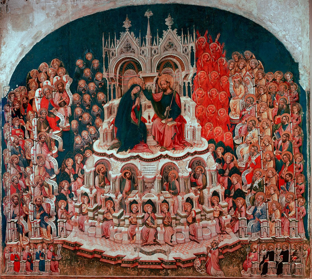 Malba korunovace Panny Marie v ráji na dřevě od Jacobella del Fiore (1370-1439). Galerie Accademia Benátky z 15. století od Jacobello del Fiore