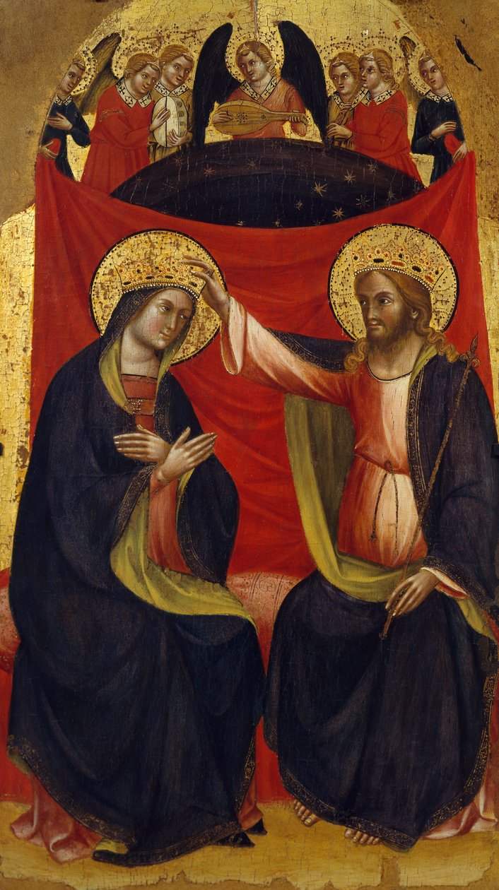 Korunovace Panny Marie, detail z centrálního panelu Triptychu s Korunovací Panny Marie a svatých od Jacobella z Bonomo (aktivní 1375-1385), panel od Jacobello di Bonomo