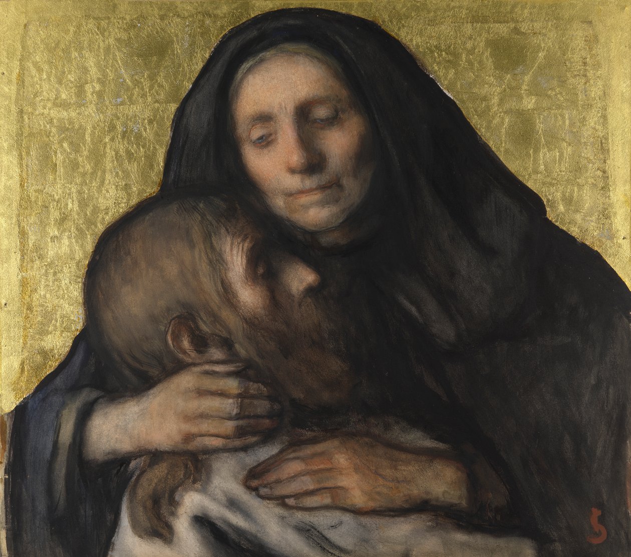 Pietà (kvaš na papíře s plátkovým zlatem) od Jacobs Smits