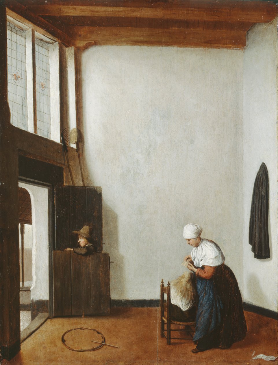 Interiér se ženou česající vlásky malé holčičky, cca 1662 (olej na dubovém panelu) od Jacobus Vrel or Frel