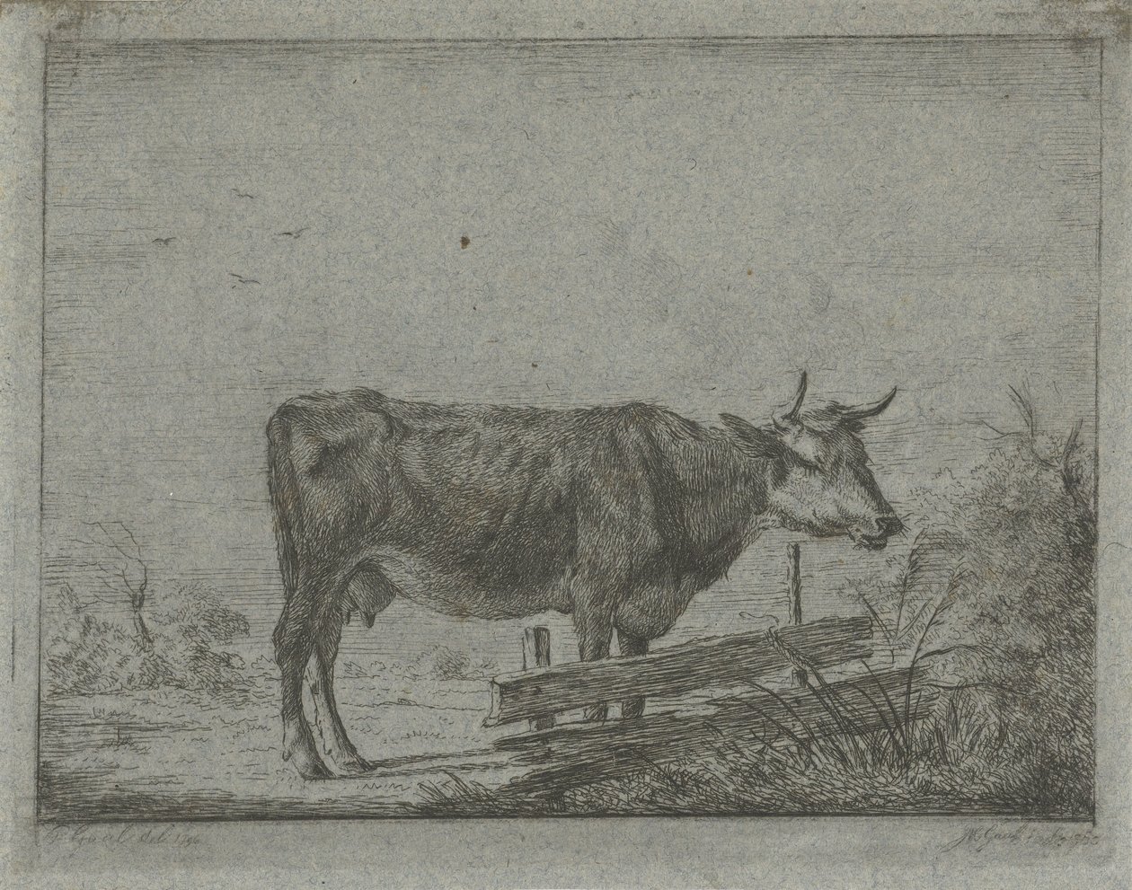 Kráva stojící u plotu od Jacobus Cornelis Gaal
