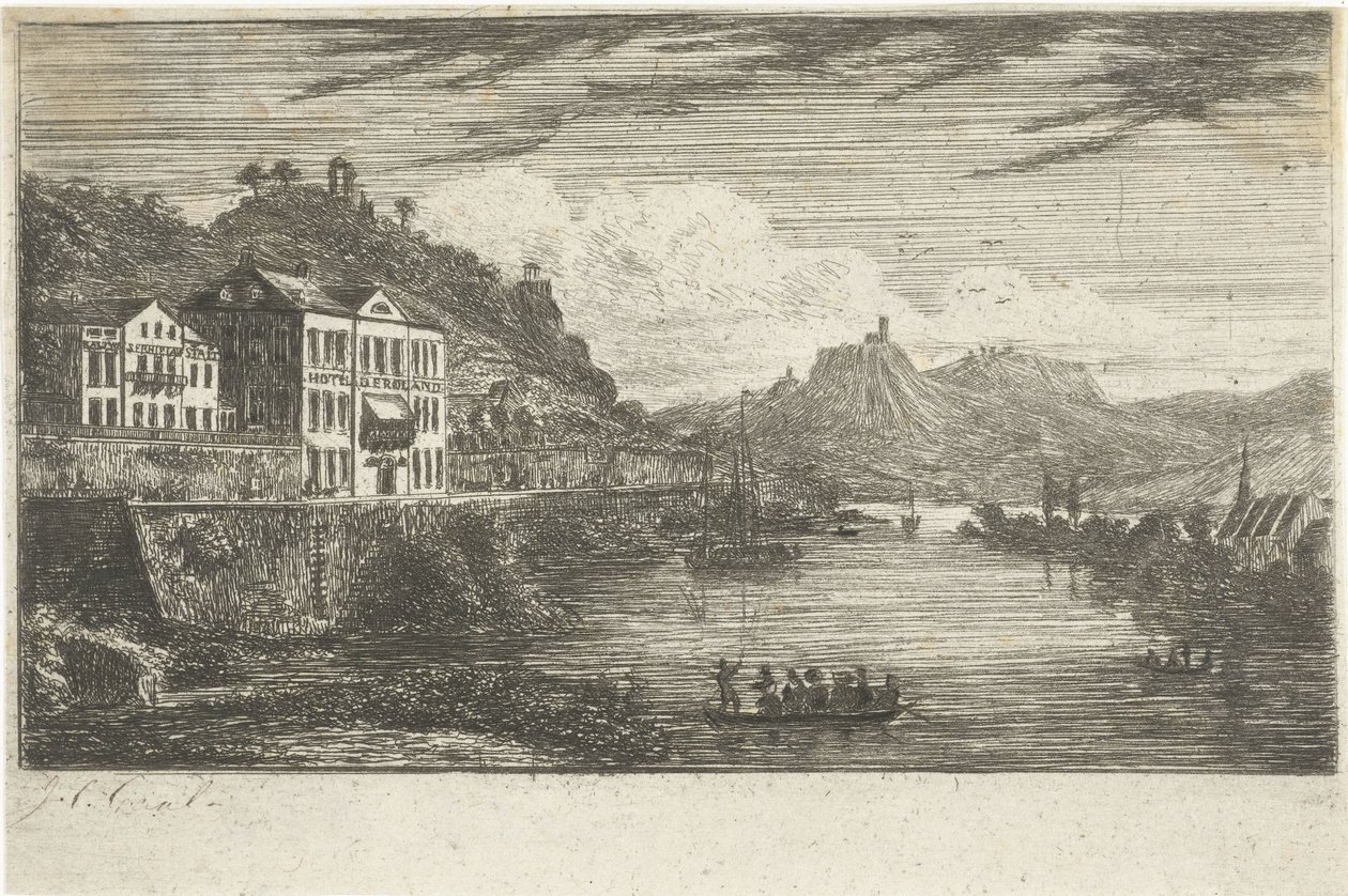 Říční krajina s hotelem na nábřeží od Jacobus Cornelis Gaal