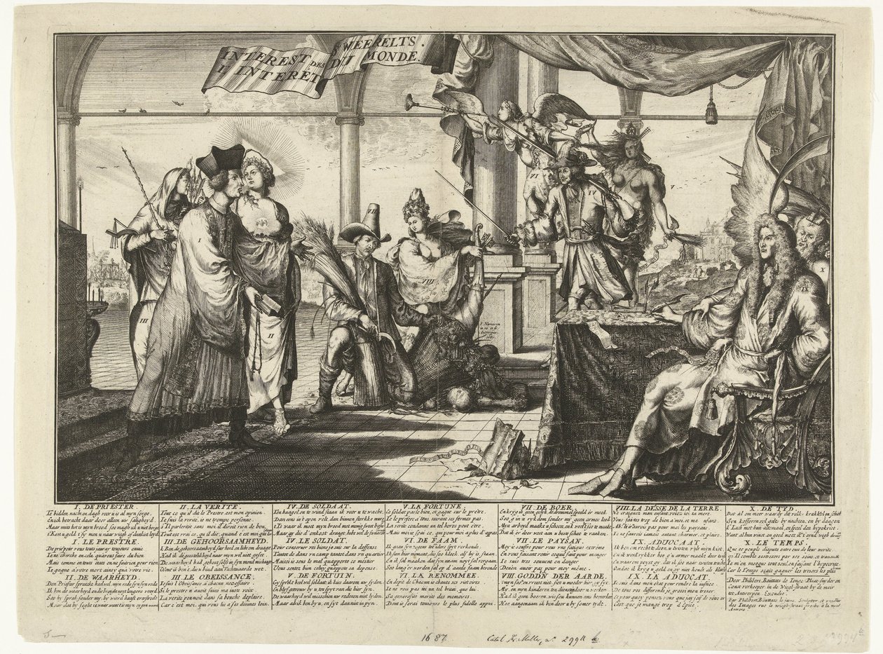 Karikatura právnické profese těžící z mužských hádek, 1687 Interest des