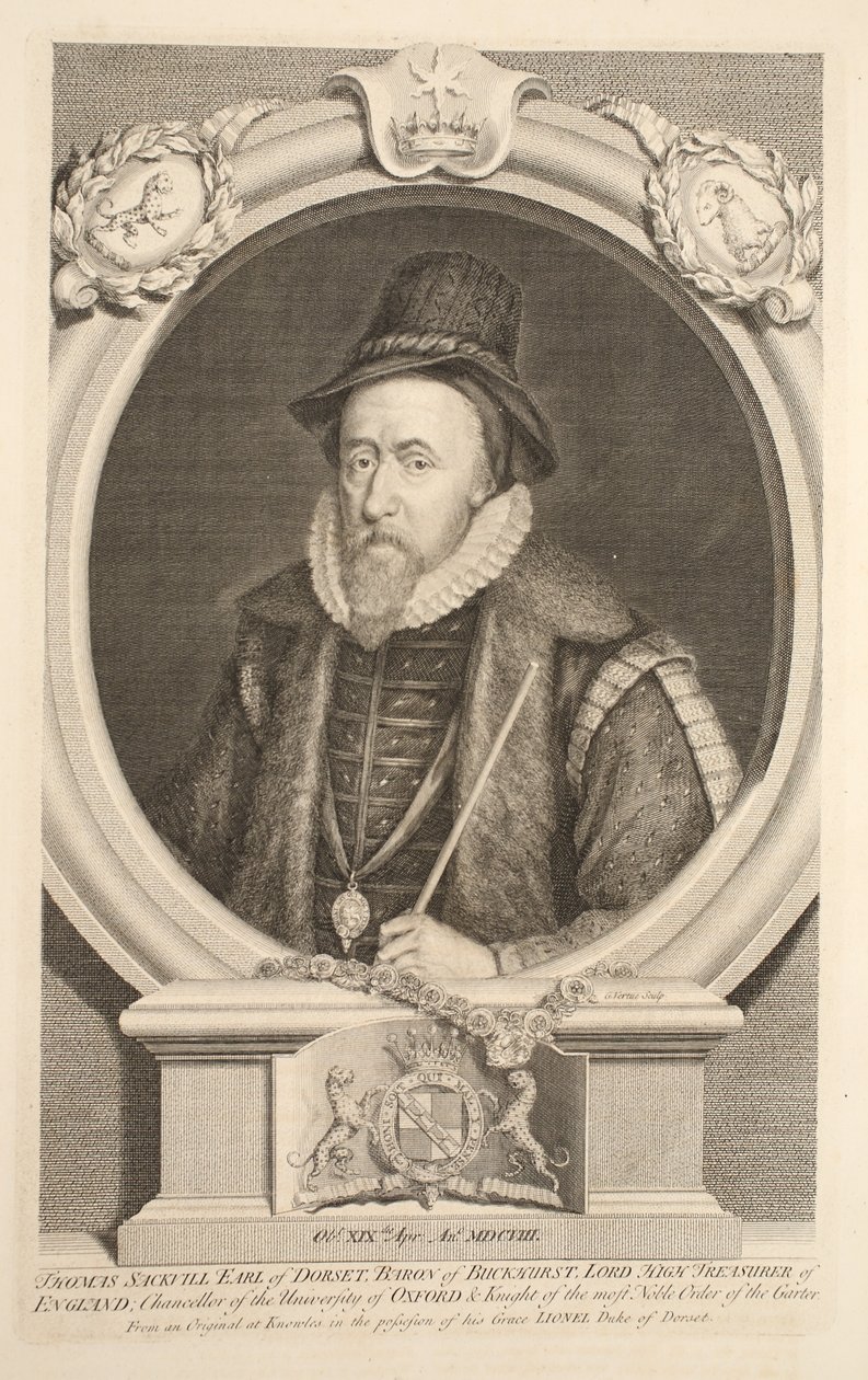 Portrét Thomase Sackvilla, hraběte z Dorsetu, barona z Buckhurstu, ilustrace z knihy "Heads of Illustrious Persons of Great Britain", vyd. Knapton, Londýn 1742. od Jacobus Houbraken