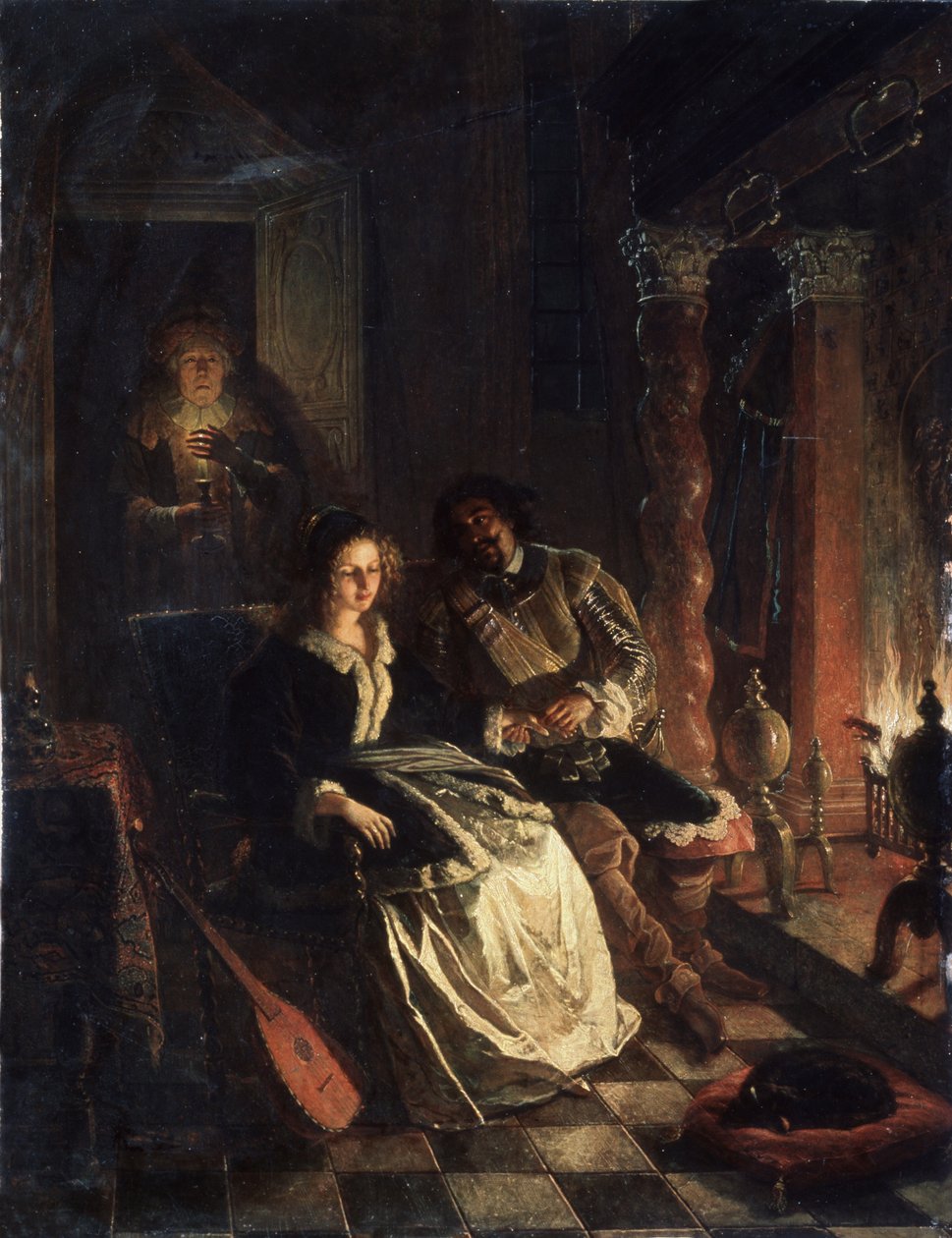 "Le Rendez vous"" (Rendezvous) Scéna svádění, mladá dívka, které se dvoří gentleman, který jí u krbu vyznává lásku. Obraz Jacoba Josepha Eckhouta (1793-1861) 1852 Státní muzeum umění Běloruské republiky, Minsk, Bělorusko od Jacobus Josephus Eeckhout
