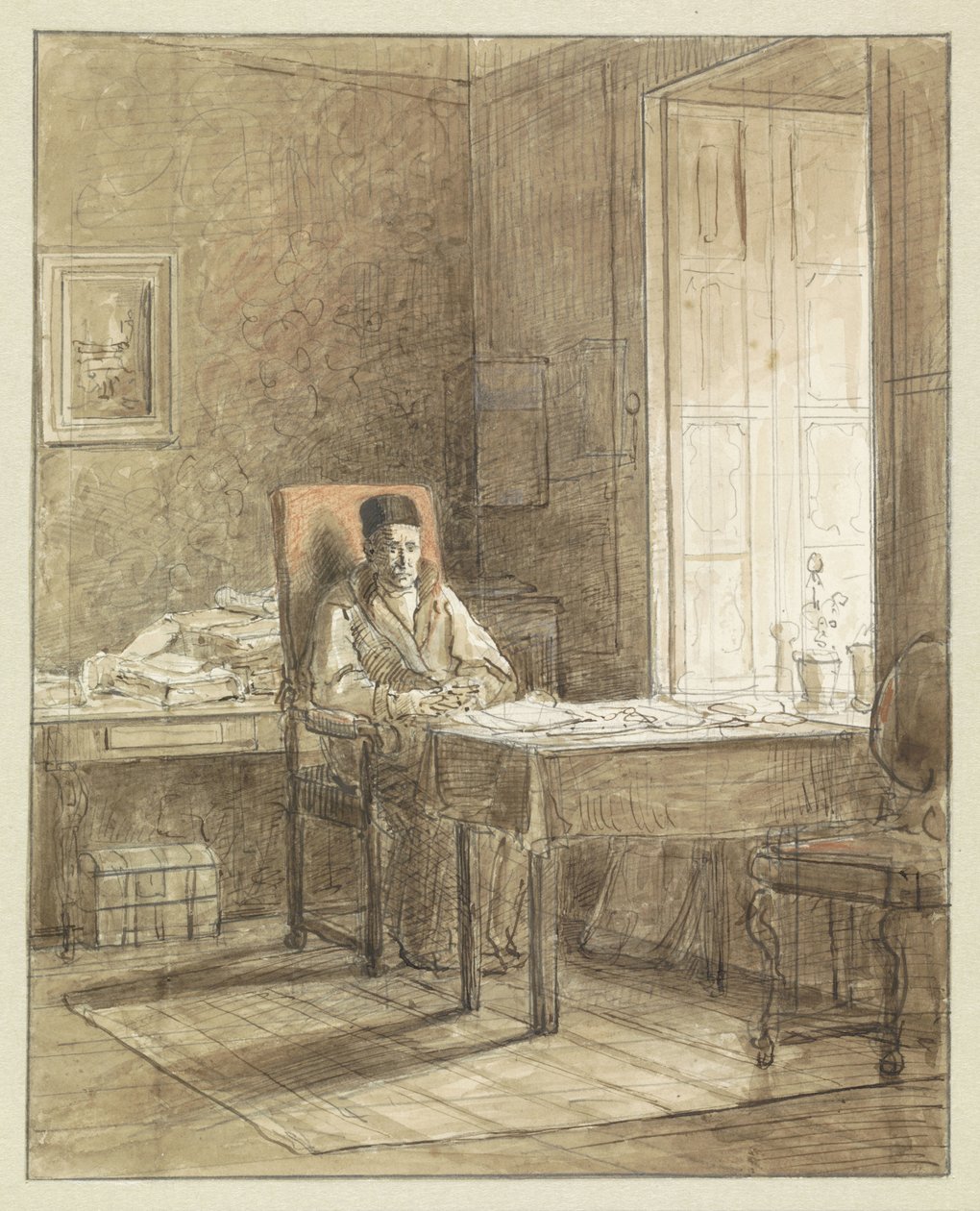 Portrét Gerrita Lambertse, sedícího v křesle v tiskárně od Jacobus Ludovicus Cornet