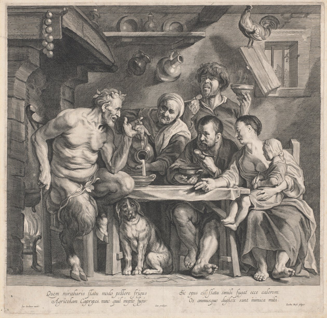 Satyr na návštěvě u rolnické rodiny od Jacobus Neeffs, after Jacob Jordaens