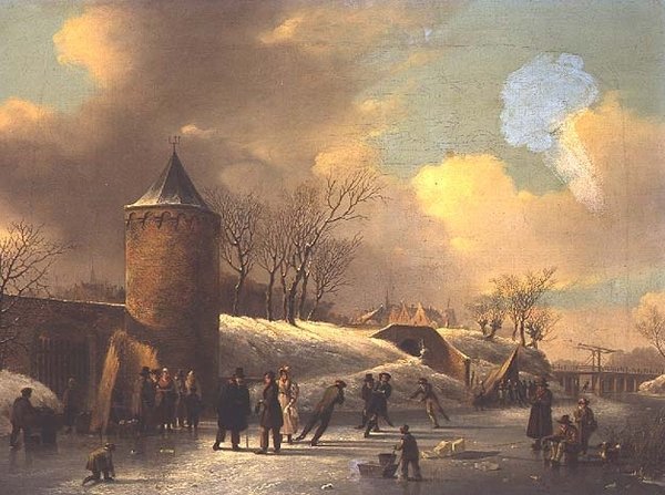 Bruslaři na zamrzlé vodní cestě u věže od Jacobus van der Stok