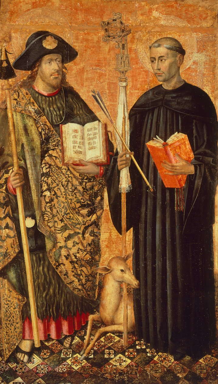 Svatý Jakub z Compostely zastoupený v pelerinu s holí, kloboukem a mušlí. a svatý Gilles poustevník (7. století), kolem 1450 (tempera a olej na panelu) od Jacomart (c.1413 61) Baco