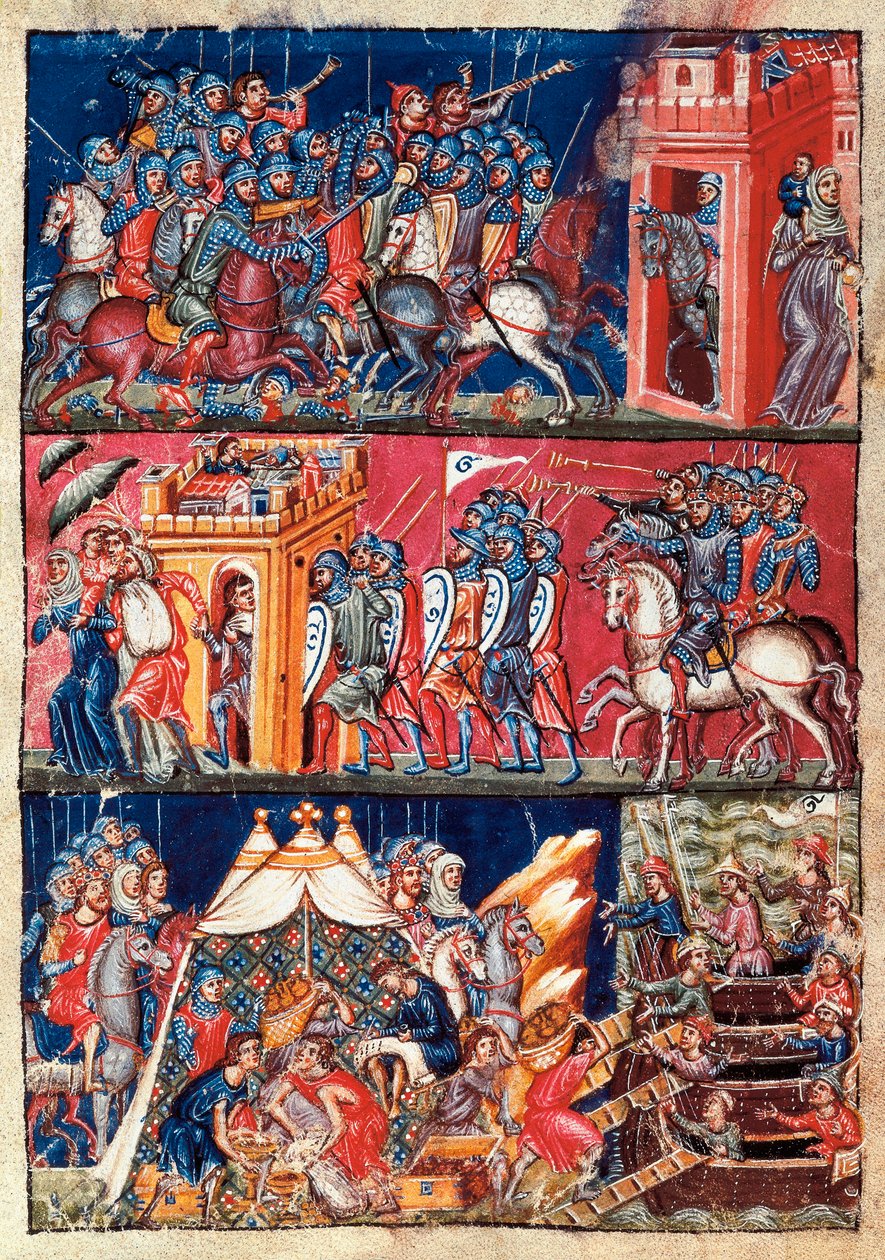 První loupení Trojana. Malovaná miniatura z Historia Ničení Troiae od Jacome Cromberger