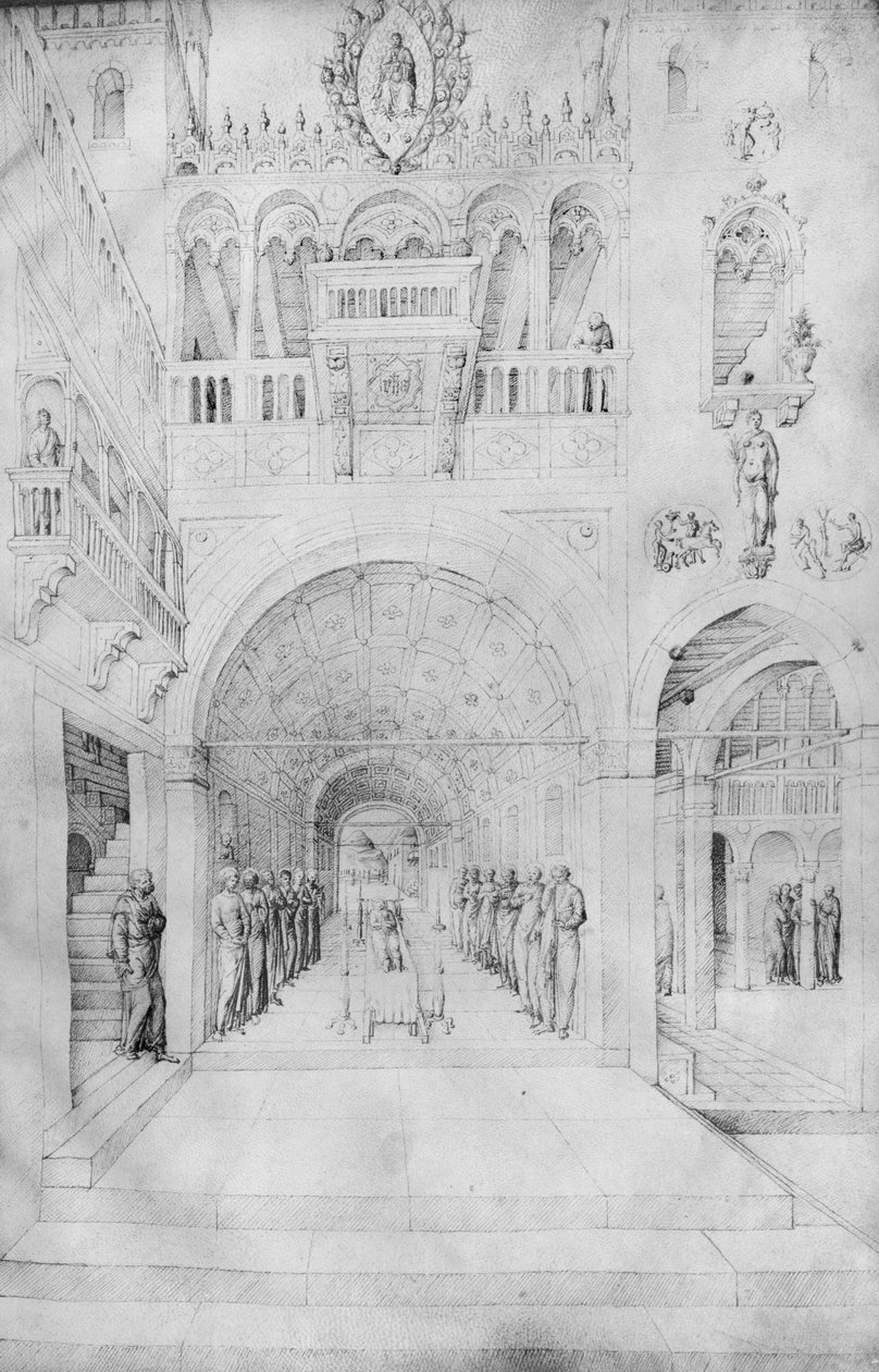 Smrt Panny Marie v bohaté architektuře benátského paláce, z alba kreseb Jacopa Belliniho (pero a tuš na pergamenu) od Jacopo Bellini