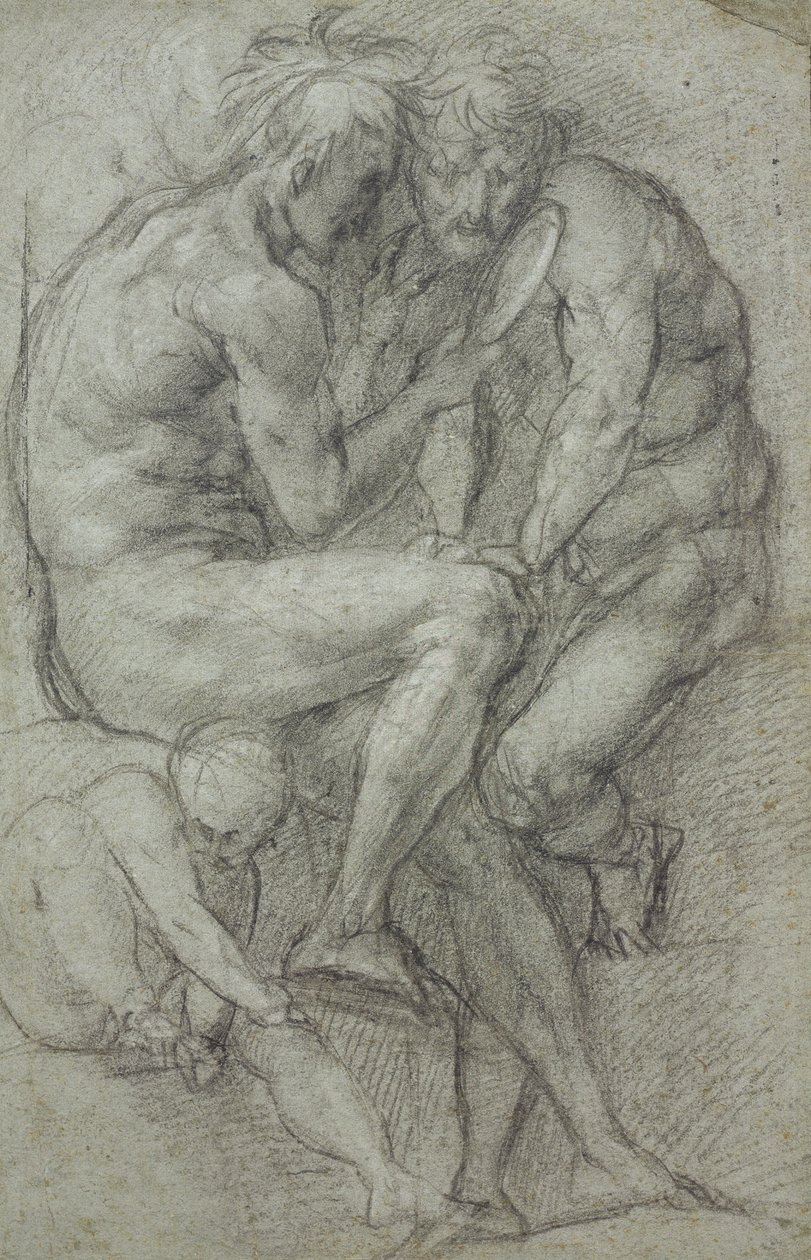 Studie aktů (dva muži, sedící, při pohledu do zrcadla a sedící chlapec) od Jacopo Carucci