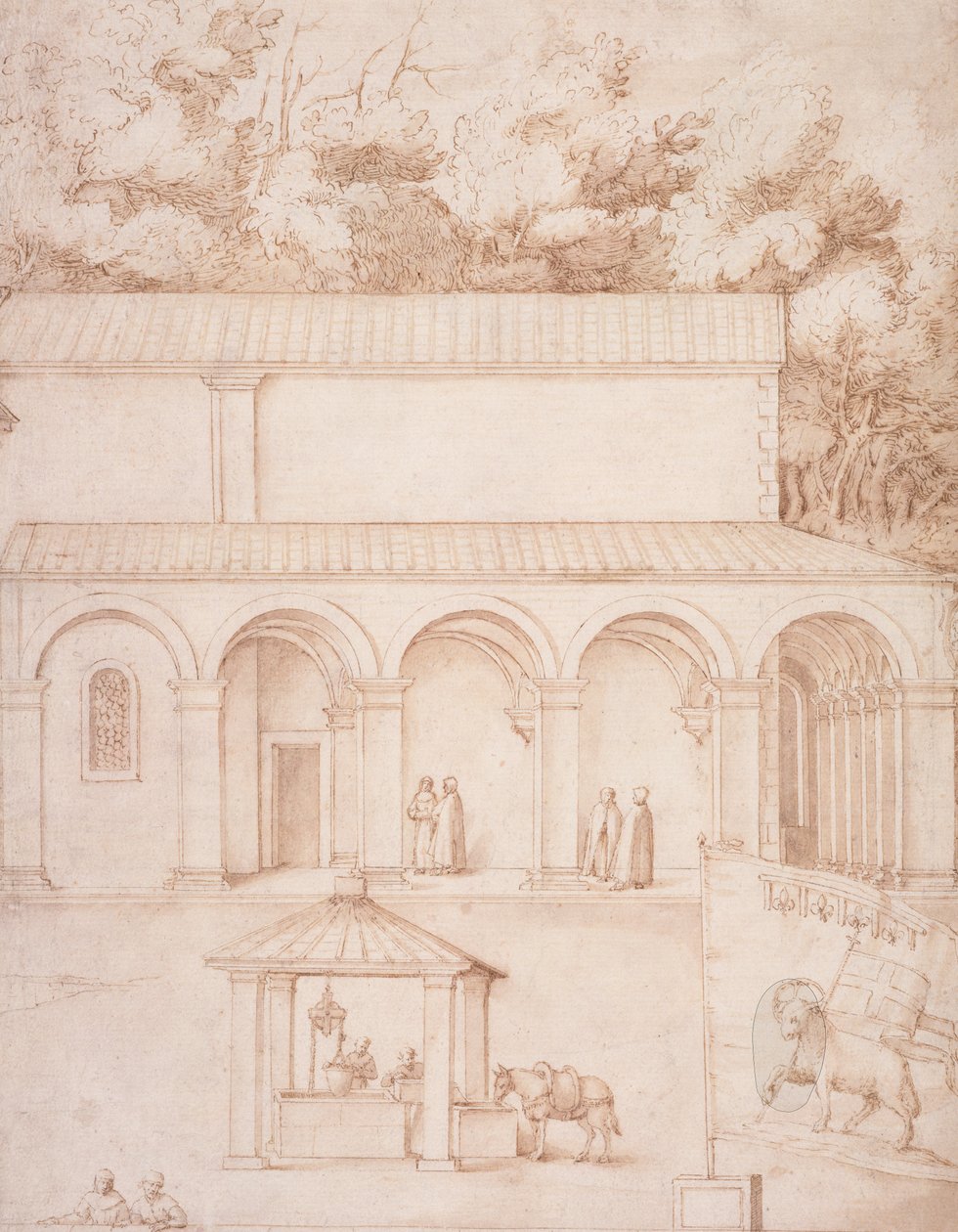 PD.54-1997 Pohled na klášter La Verna, nádvoří a studna, kolem 1607-12 (mytí, pero a inkoust na papíře) od Jacopo Ligozzi