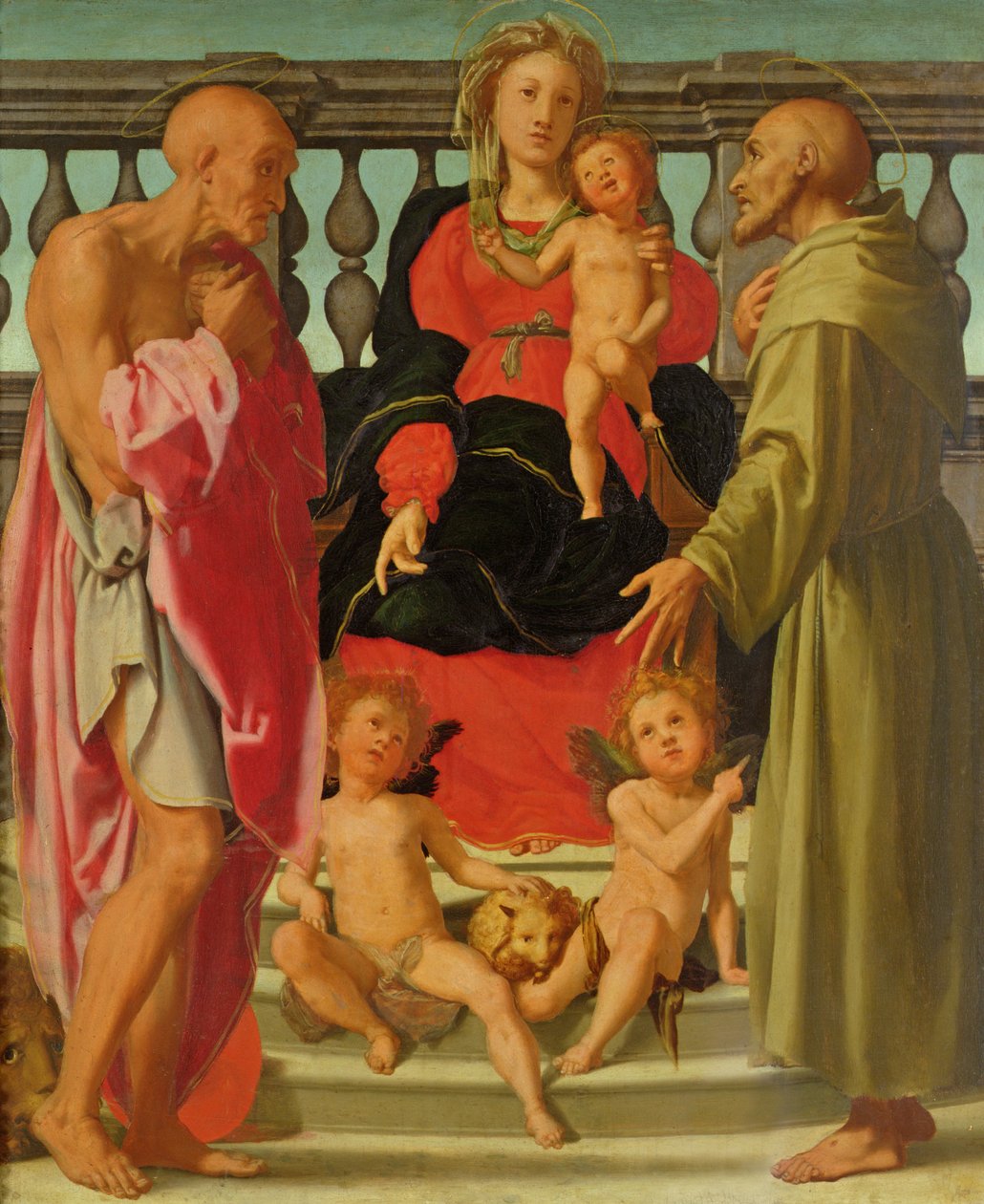 Madona s dítětem s anděly a SS. Jeronýmem a Františkem, kolem 1517-18 od Jacopo Pontormo