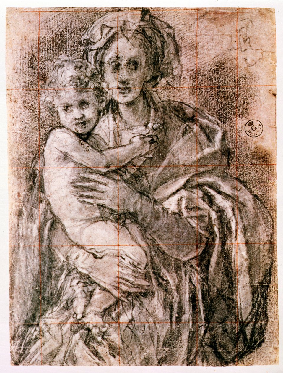 Studie pro Pannu a dítě u sv. Josefa a Jana Křtitele, 1521-27 (černá křída na papíře) (viz také 226976) od Jacopo Pontormo