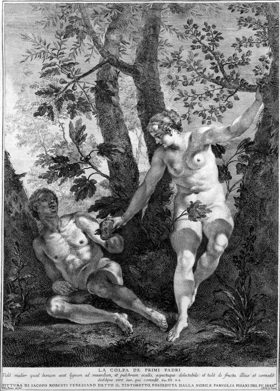 Adam a Eva, ryl Pietro Monaco, c.1741-52 od Jacopo Robusti Tintoretto