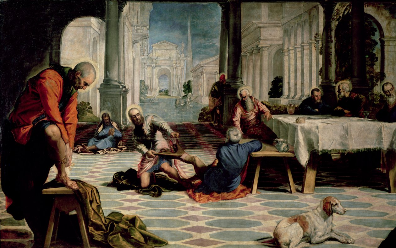 Kristus umývá nohy učedníkům, detail levé strany, kolem roku 1547 od Jacopo Robusti Tintoretto