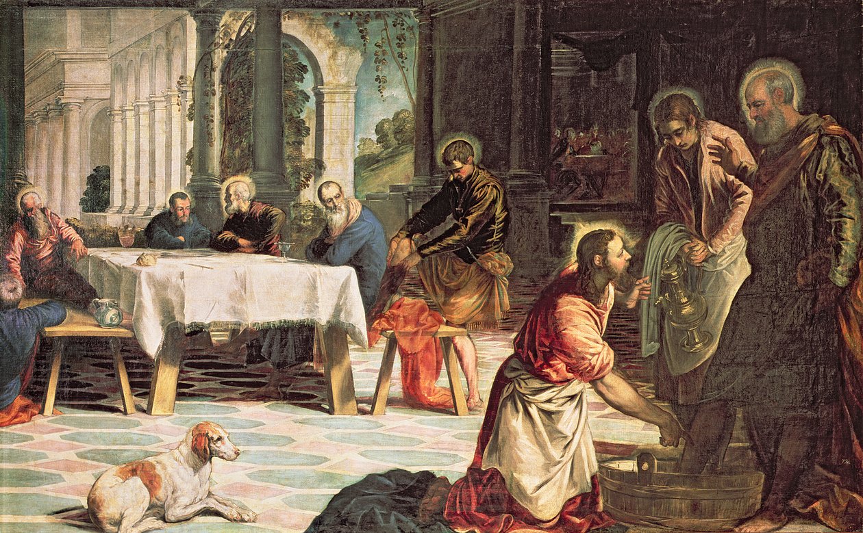 Kristus umývá nohy učedníkům, detail pravé strany, kolem roku 1547 od Jacopo Robusti Tintoretto