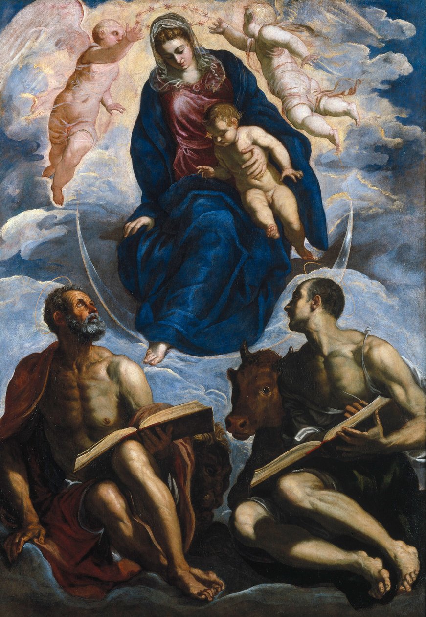 Marie s dítětem, uctívaná svatým Markem a svatým Lukášem od Jacopo Robusti Tintoretto