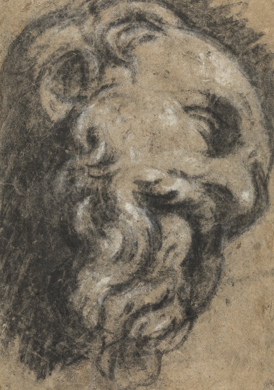 Studium po Michelangelos Saint Damian, c. mezi 1545 a 1550 (černá křída, zvýrazněná bílou na béžovém papíře) od Jacopo Robusti Tintoretto