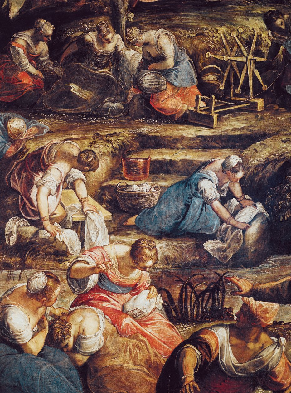 Zázračný pád Manny, detail pracujících žen od Jacopo Robusti Tintoretto