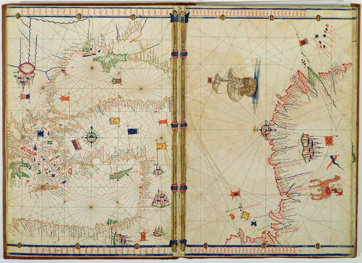 Ms Ital 550.0.3.15 fol.4v-5r Mapa východního pobřeží Středozemního moře a ostrovů, z „Carte Geografiche“ (vellum) od Jacopo Russo