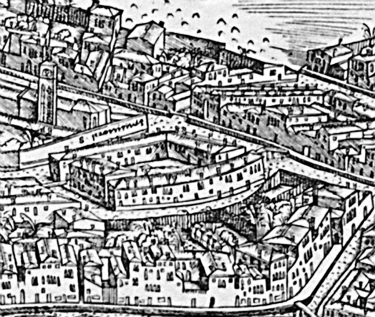 Grande Perspective Plan - Benátky, detail ghetta, cca 1500 detail rytiny 416593 od Jacopo de Barbari