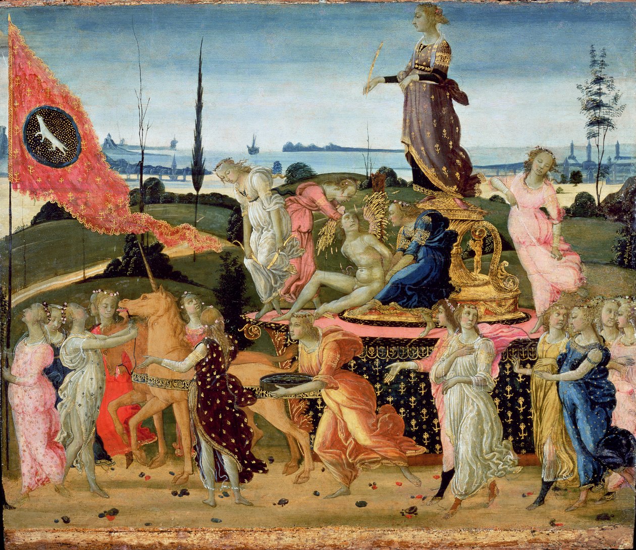 Triumf cudnosti, inspirovaný "Triumfy" Petrarky (1304-74) (podrobnosti viz 194159) od Jacopo del Sellaio