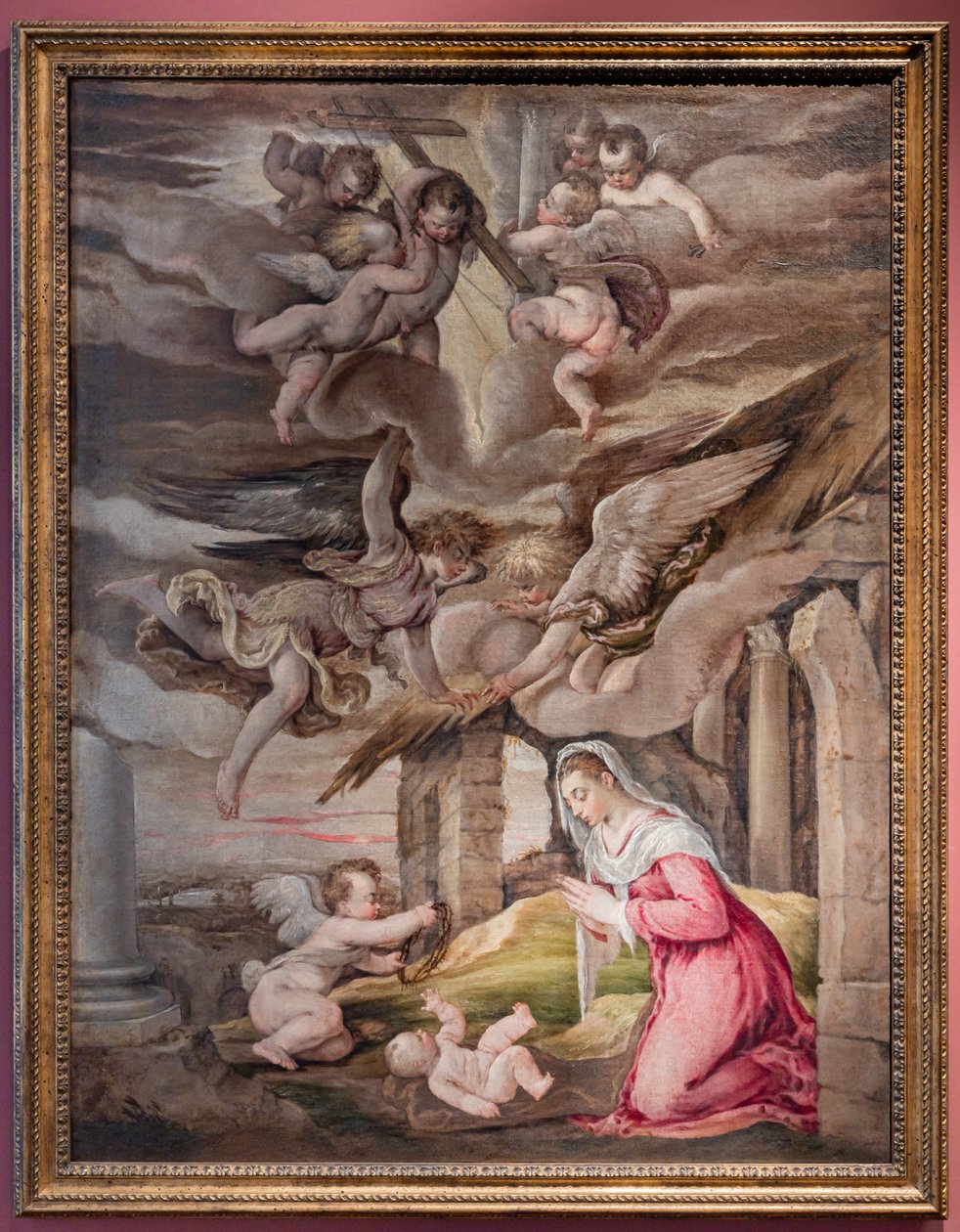 Uctívání Jezulátka a andělů s nástroji vášně od Jacopo (1510 92) Bassano