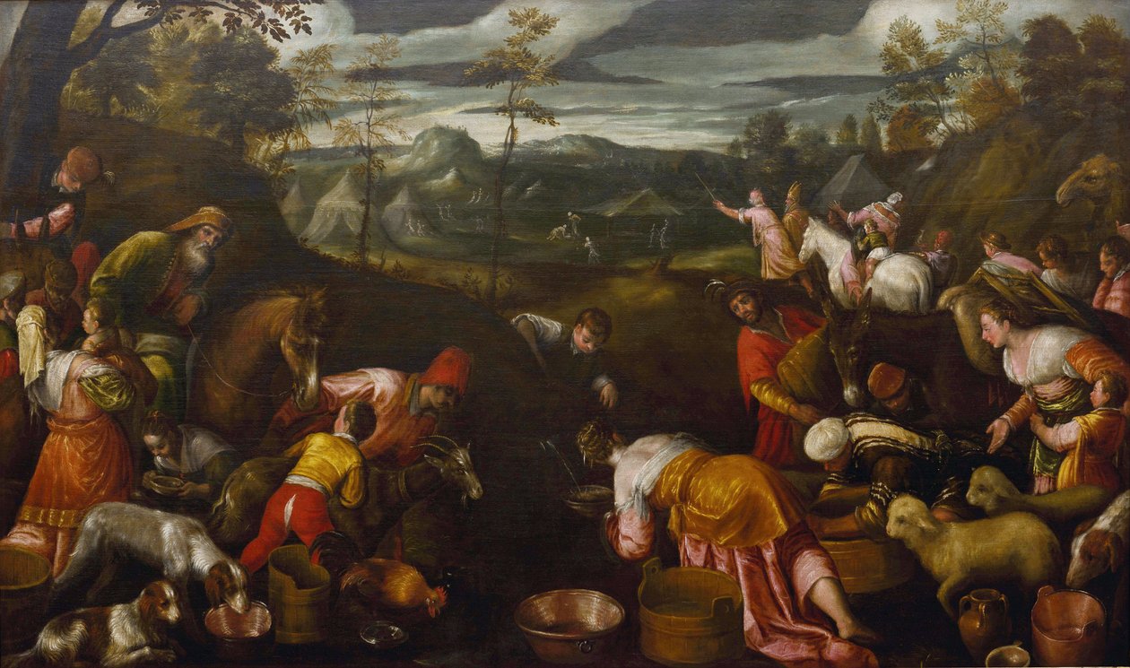 Mojžíš udeřil vodu ze skály par Bassano, Jacopo, starší (asi 1510-1592) (Jacopo da Ponte). Olej na plátně od Jacopo Bassano
