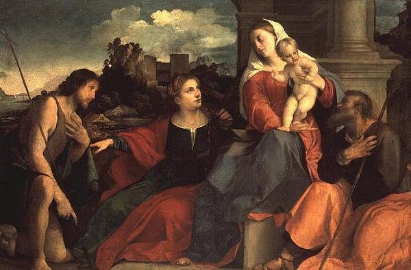 Madona s dítětem se svatým Janem Křtitelem a svatými od Jacopo (c.1480 1528) Palma