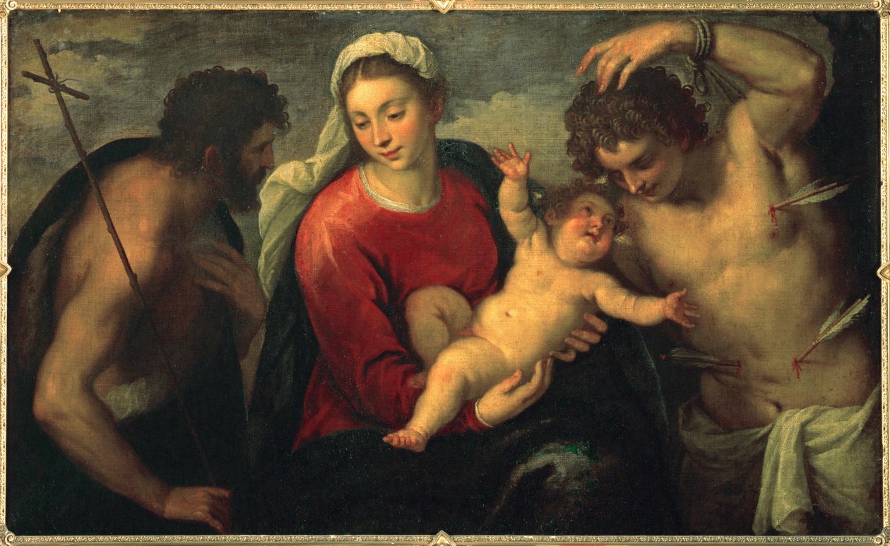 Panna s dítětem a svatým Šebestiánem ... (malba na plátně) od Jacopo (c.1480-1528) Palma