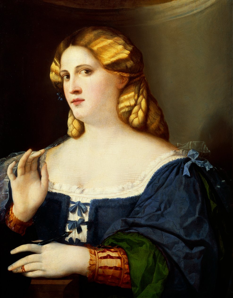 Žena s ventilátorem, Jacopo Nigretti známý jako Palma starší (1480-1528) od Jacopo (c.1480 1528) Palma
