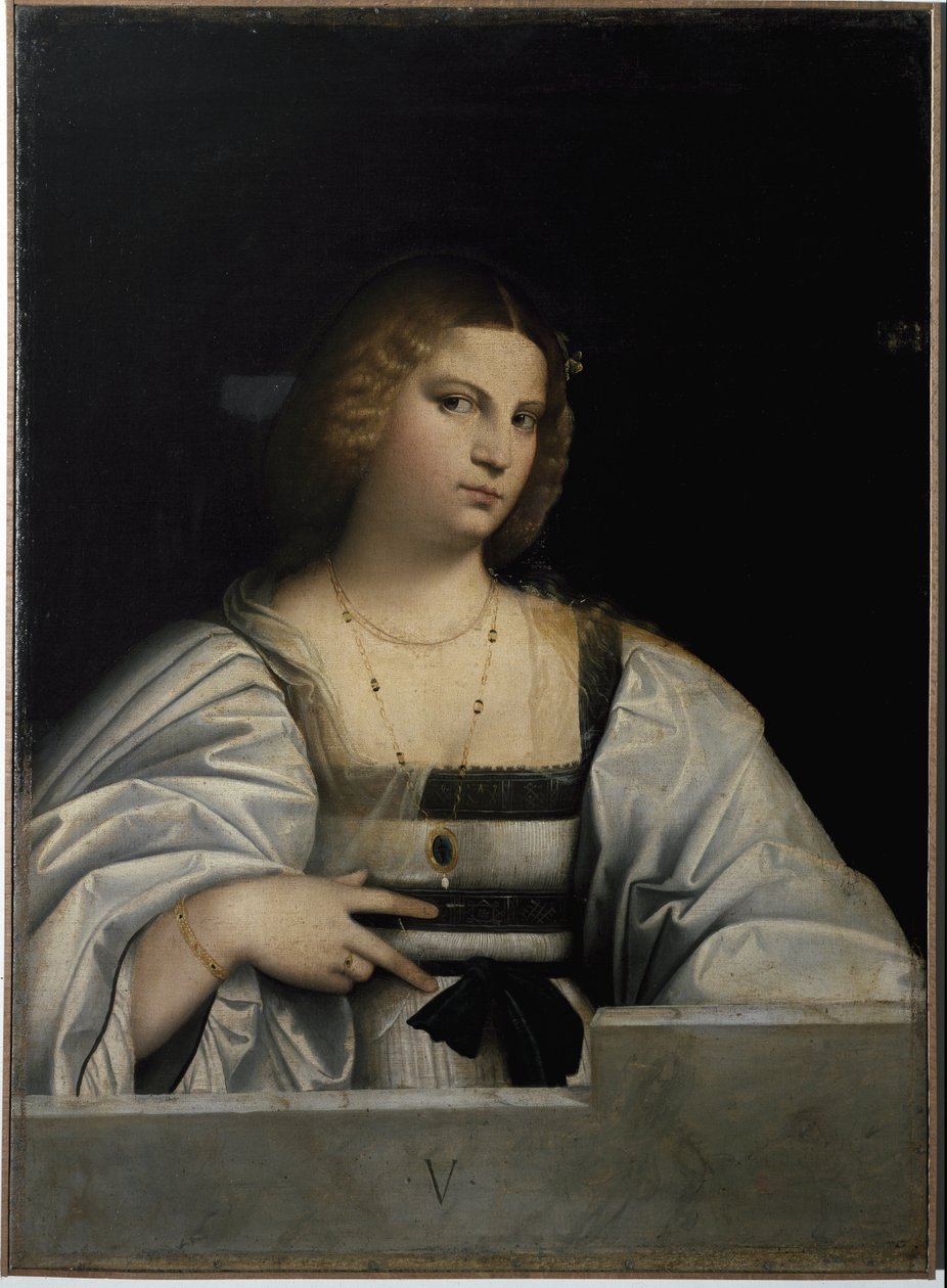 Portrét dámy, Alegorie panenství. (Malování od Jacopo (c.1480 1528) Palma