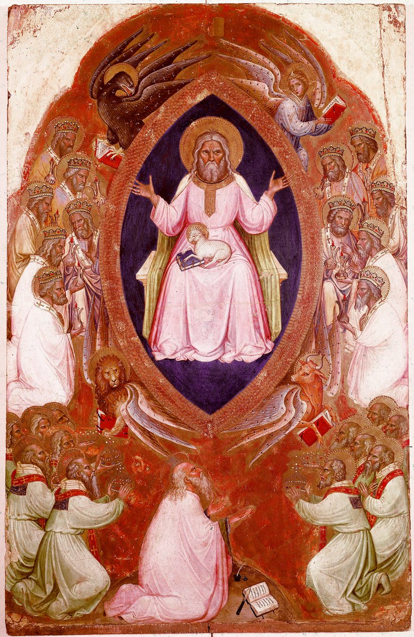 Centrální panel Polyptychu Zjevení: Vize svatého Jana Evangelisty. Detrempe na dřevě od Jacobella Alberegna (cca 1367-1397) 1360-1390. Gallerie dell