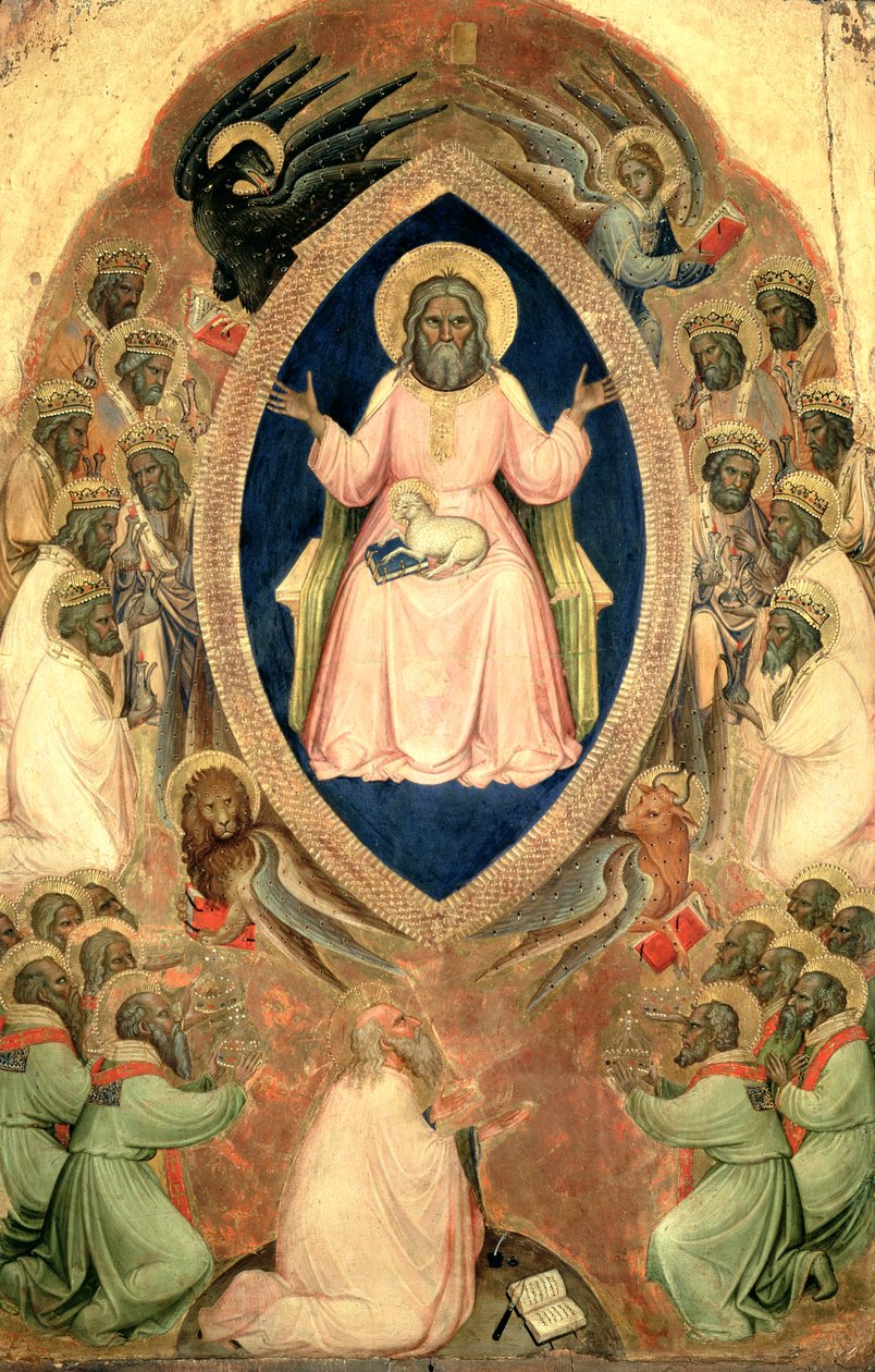 Bůh Otec na trůn z Polyptychu Apokalypsy, po roce 1343 (tempera na panelu se zlatem) od Jacopo Alberegno