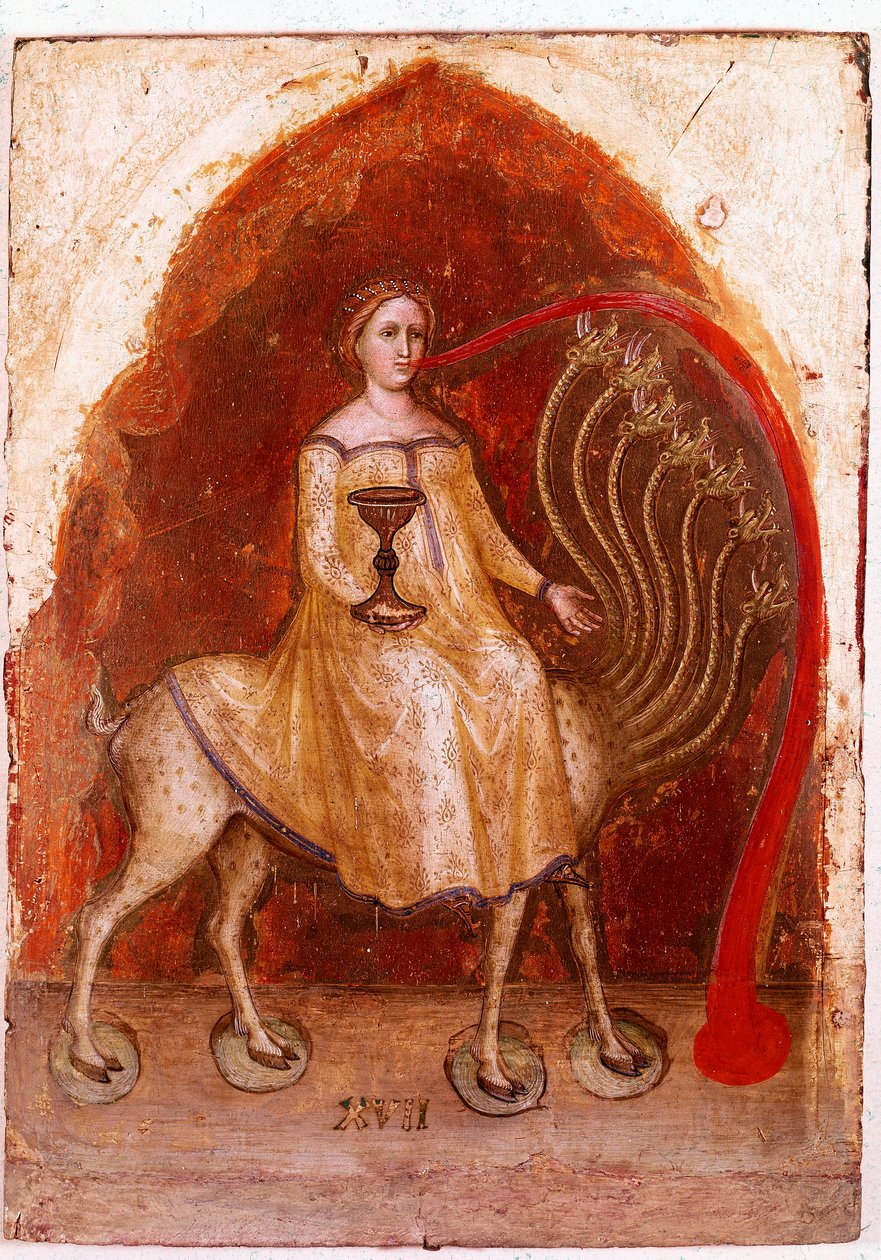 Levý panel Polyptychu Zjevení: Bete má sedm hlav a Žena, která na něm sedí, je bohatá prostitutka. Detrempe na dřevě od Jacobella Alberegna (cca 1367-1397) 1360-1390. Gallerie dell