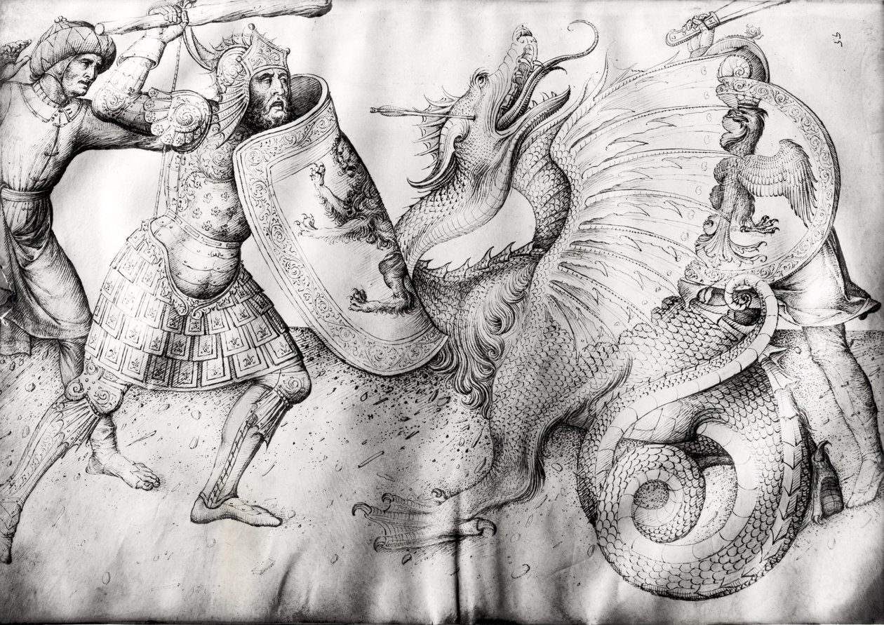 Bitva mezi válečníky a drakem, cca 1450 (inkoust na pergamenu) od Jacopo Bellini