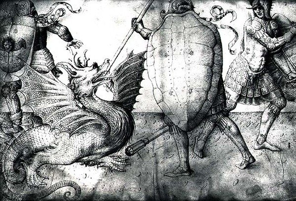 Válečníci bojující s drakem, cca 1450 (inkoust na pergamenu) od Jacopo Bellini
