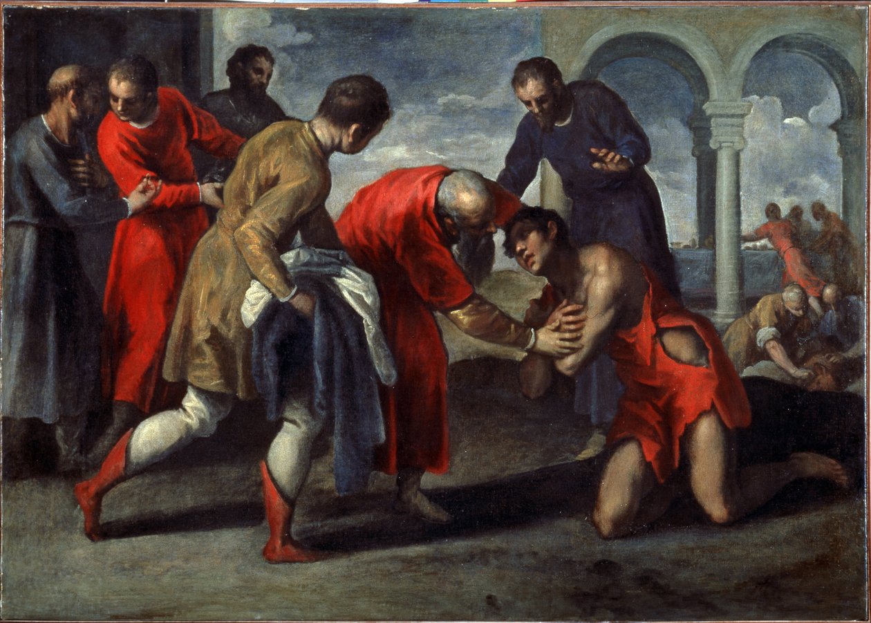 Návrat marnotratného syna. Obraz Jacopo Palma il Giovane mladší (1544-1628), po roce 1600. Olej na plátně. Italské umění, manýristický styl. Galleria dell