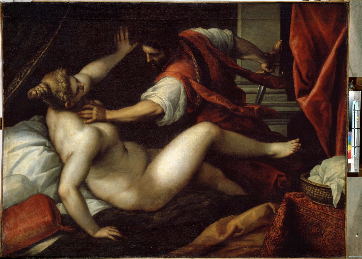 Tarquin a Lucretia (Tarquinius a Lucretia). Sextus Tarquinius znásilní Lucretia, událost, která by vedla k pádu monarchie a začátku republiky ve starověkém Římě, v roce 509 př.nl. Obraz od Jacopa Palmy il Giovane (Mladý od Jacopo Il Giovane Palma
