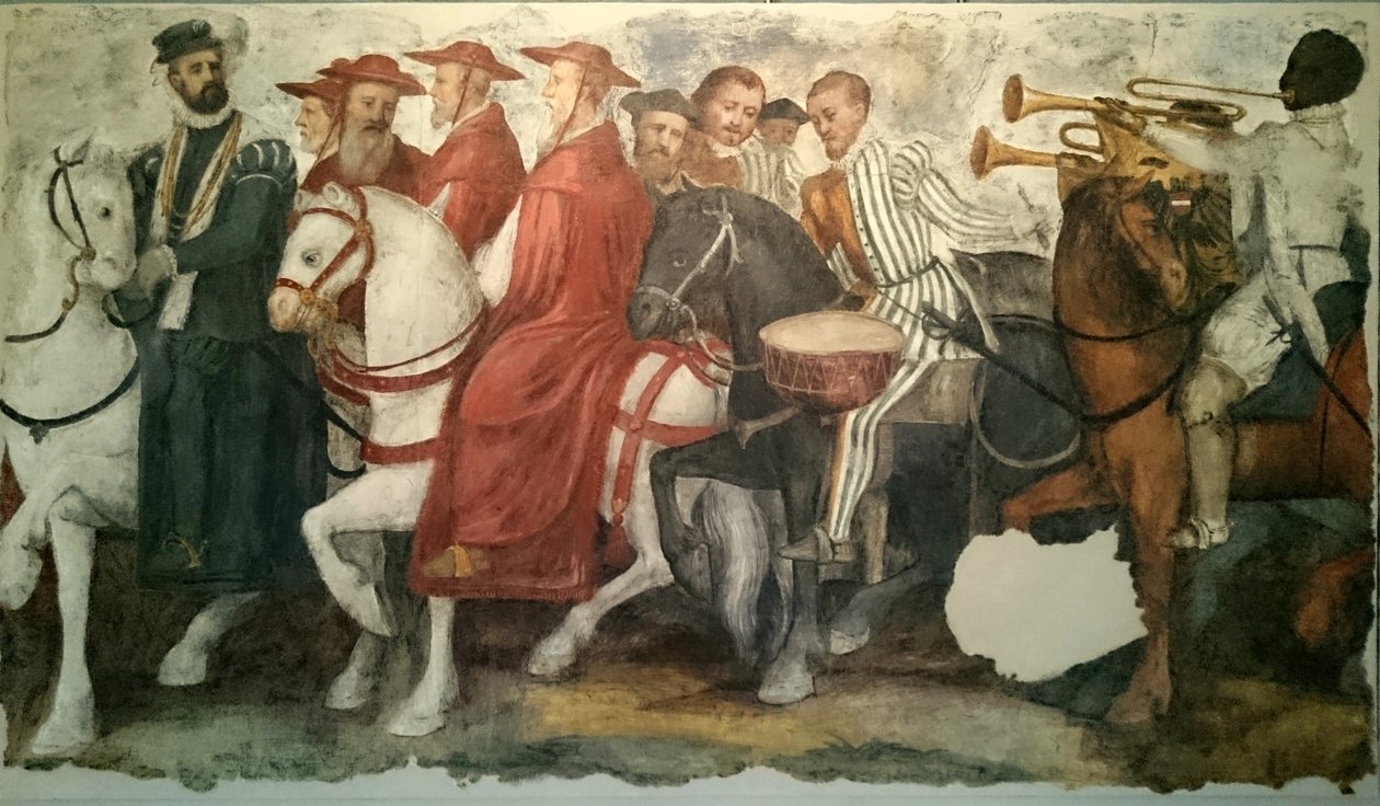 Kavalkáda Karla V. a Klementa VII.: Jindřich z Nassau s límcem burgundského zlatého rouna, za ním biskupové, preláti a trubači. od Jacopo Ligozzi