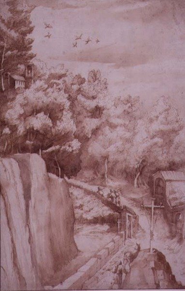 PD.52-1997 Pohled na klášter La Verna, cesta vedoucí ke klášteru, asi 1607-12 (wash, pero a tuš na papíře) od Jacopo Ligozzi