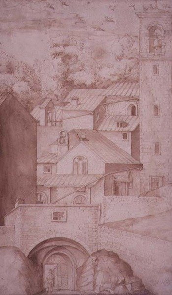 PD.53-1997 Pohled na klášter La Verna, vstupní bránu a zvonici, c.1607-12 (mytí, pero a inkoust na papíře) od Jacopo Ligozzi