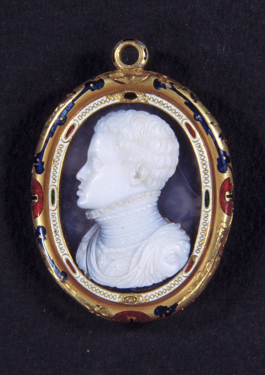 Portrét prince Dona Carlose (1545-1568) Španělska. Medailon Calcedony od Jacopo Nizzola da Trezzo