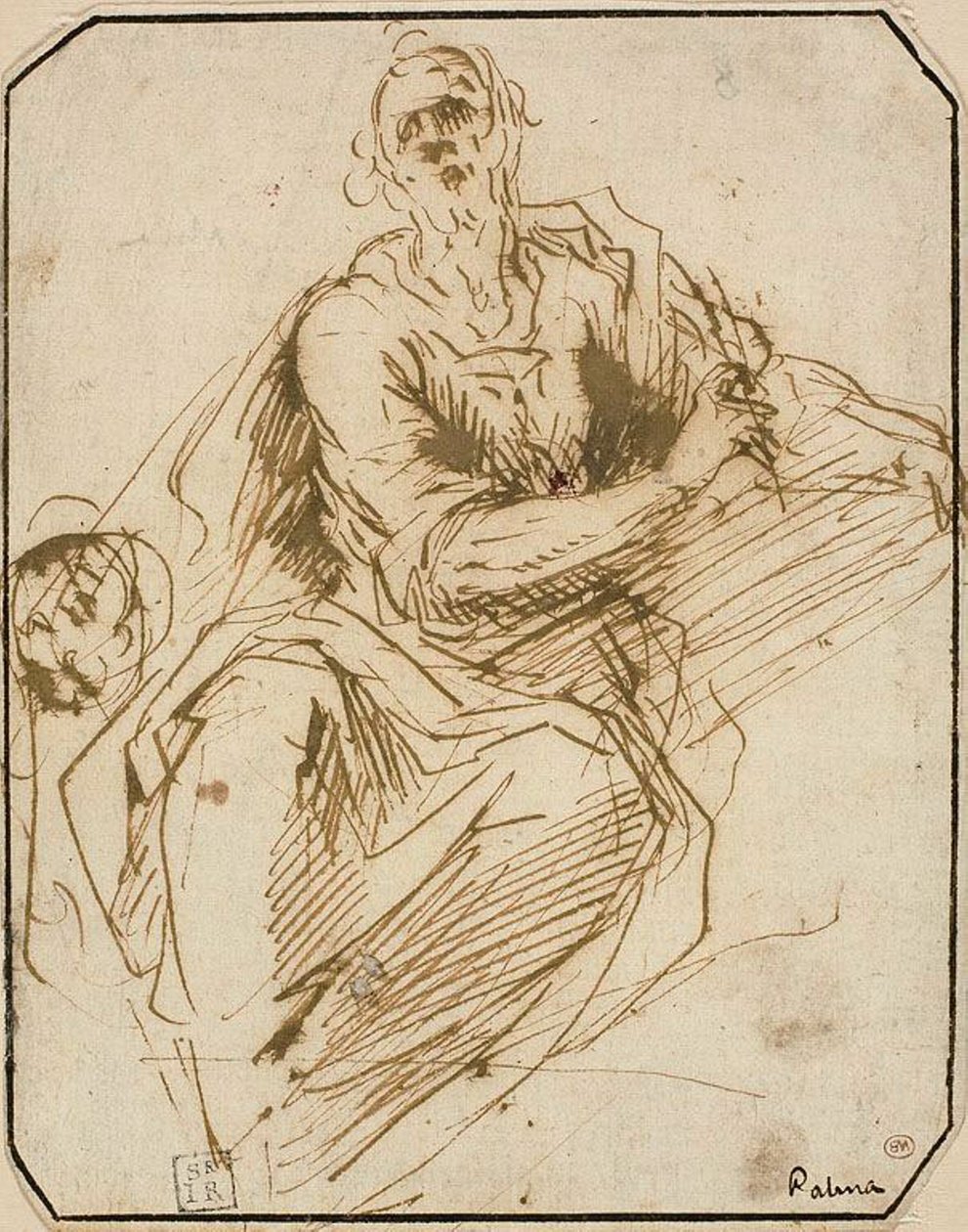 Studie pro svatého Marka (recto); Náčrt poloviční mužské postavy s pohledem nahoru doprava (verze) od Jacopo Palma il Giovane