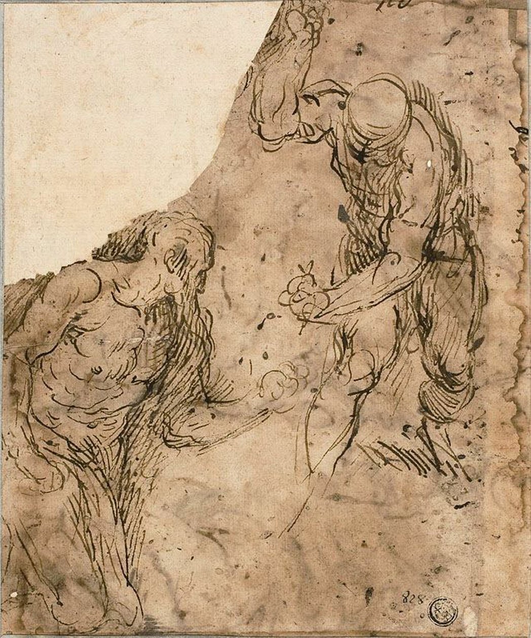 Dvě skici mužských aktů, jeden klečící, jeden stojící (recto); Tři náčrty: Sedící mužský akt, ležící mužský akt, mužská hlava v profilu (naproti tomu) od Jacopo Palma il Giovane