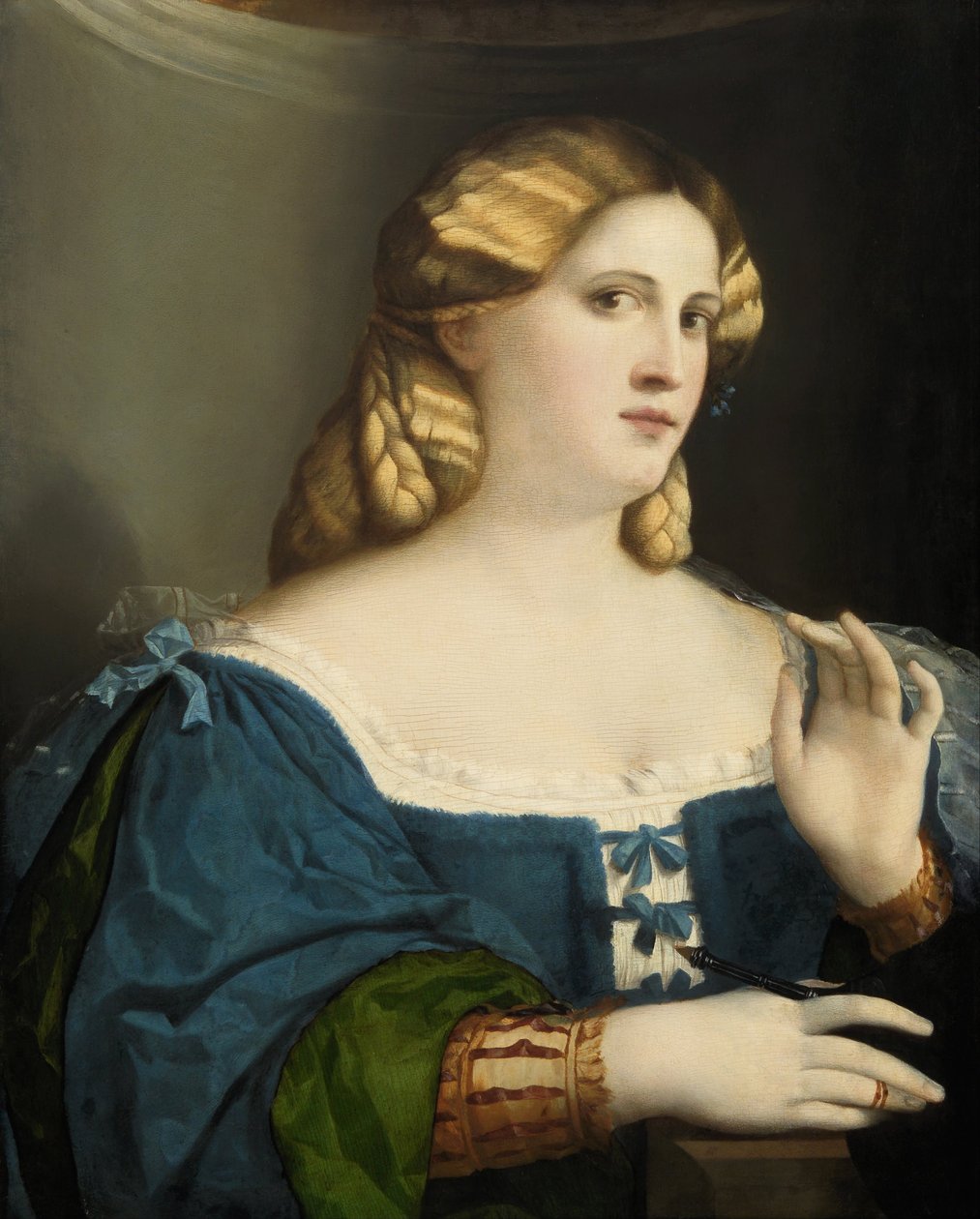 Mladá žena v modrých šatech s ventilátorem, 1512-1514 od Jacopo Palma il Vecchio the Elder