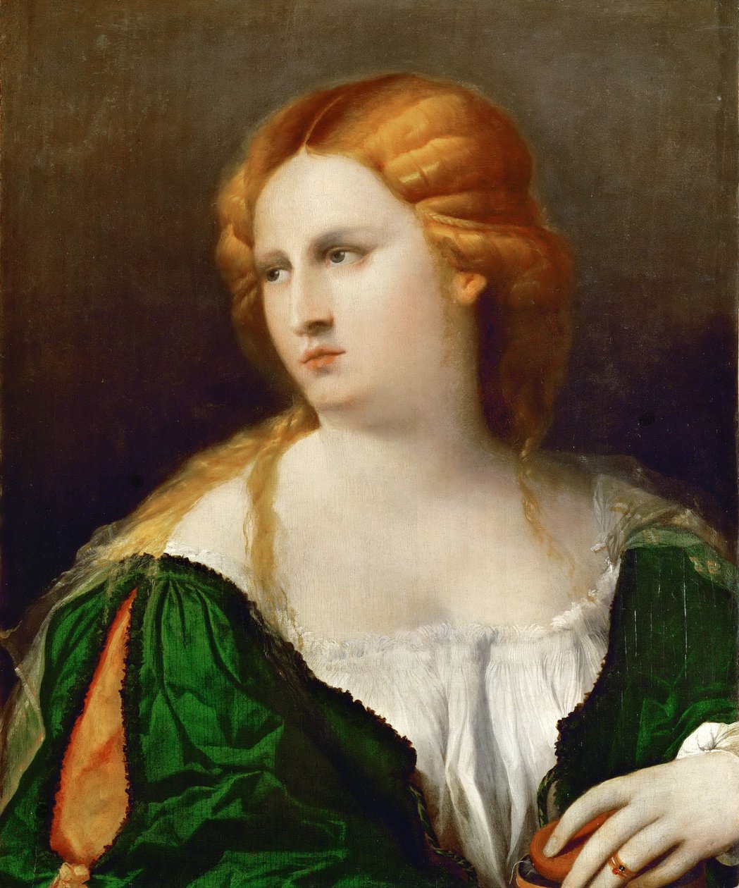 Mladá žena v zelených šatech, v ruce krabici, cca 1514 od Jacopo Palma il Vecchio the Elder